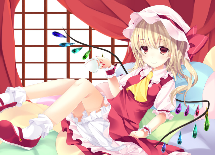 1girl ajiriko ascot bed blonde_hair bloomers canopy_bed cup dress flandre_scarlet mob_cap pillow puffy_short_sleeves puffy_sleeves red_dress red_eyes shirt short_sleeves side_ponytail smile solo teacup touhou underwear wings wrist_cuffs