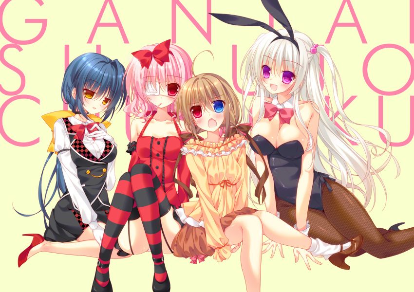 :d ahoge bandages black_hair breasts brown_eyes brown_hair bunnysuit casual choker cleavage eyepatch fishnet_pantyhose fishnets frills hair_bobbles hair_ornament hairband heterochromia long_hair looking_at_viewer low_ponytail low_twintails mary_janes nakada_rumi open_mouth original pantyhose pink_hair red_eyes shoes short_hair silver_hair sitting smile twintails two_side_up violet_eyes