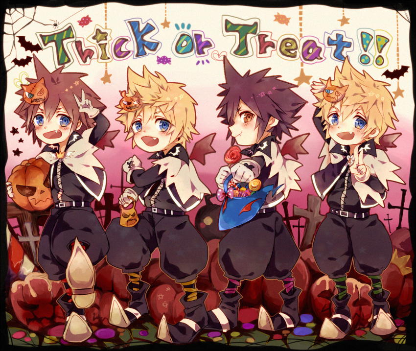 4boys alternate_costume bat black_hair blonde_hair blue_eyes bow brown_hair bucket candy commentary_request cross fang gloves halloween inazume-panko jack-o'-lantern kingdom_hearts lollipop looking_at_viewer male_focus mask multiple_boys open_mouth pumpkin roxas smile sora_(kingdom_hearts) spiky_hair spoilers standing trick_or_treat unversed v vanitas ventus wings