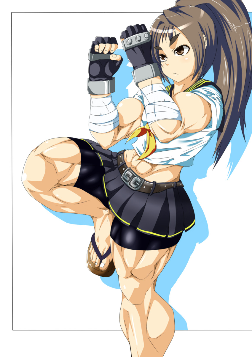 1girl abs arm_wrap belt bike_shorts brown_eyes brown_hair cowboy_shot daarin eyebrows fighting_stance fingerless_gloves gloves high_ponytail highres long_hair muscle original sandals school_uniform serafuku shorts_under_skirt solo standing_on_one_leg thick_eyebrows thick_thighs thighs toes tomboy