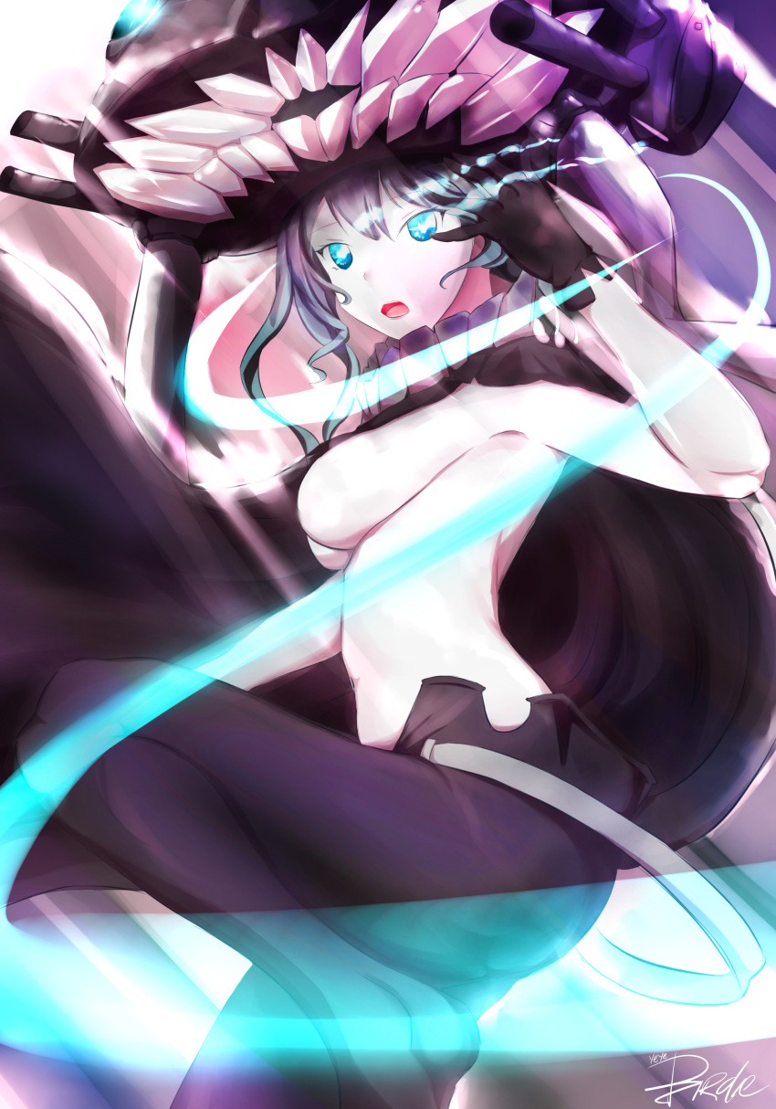 1girl absurdres artist_request blue_eyes glowing glowing_eyes highres kantai_collection tagme wo-class_aircraft_carrier