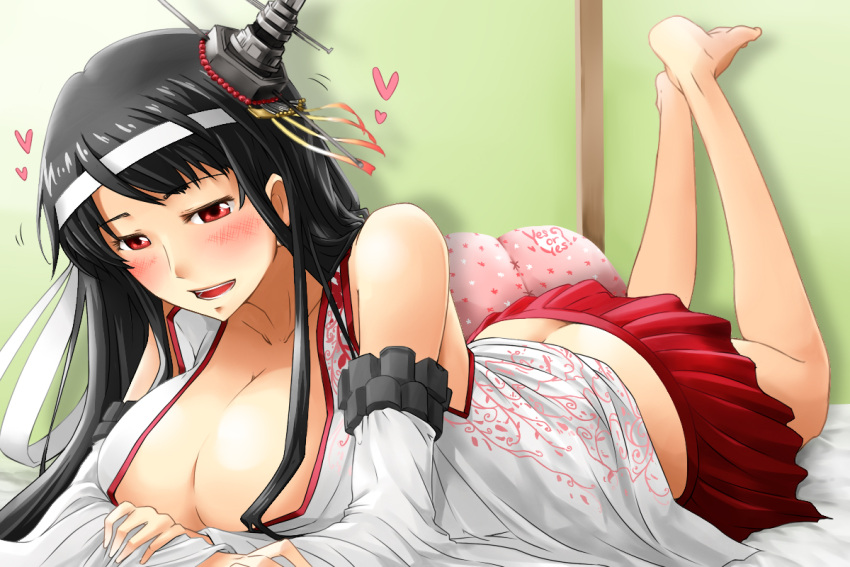 1girl black_hair blush breasts butt_crack cleavage detached_sleeves floral_print fusou_(kantai_collection) hair_ornament headband heart kantai_collection large_breasts long_hair lying micesakenomitai midriff nontraditional_miko on_stomach pillow red_eyes remodel_(kantai_collection) skirt smile solo