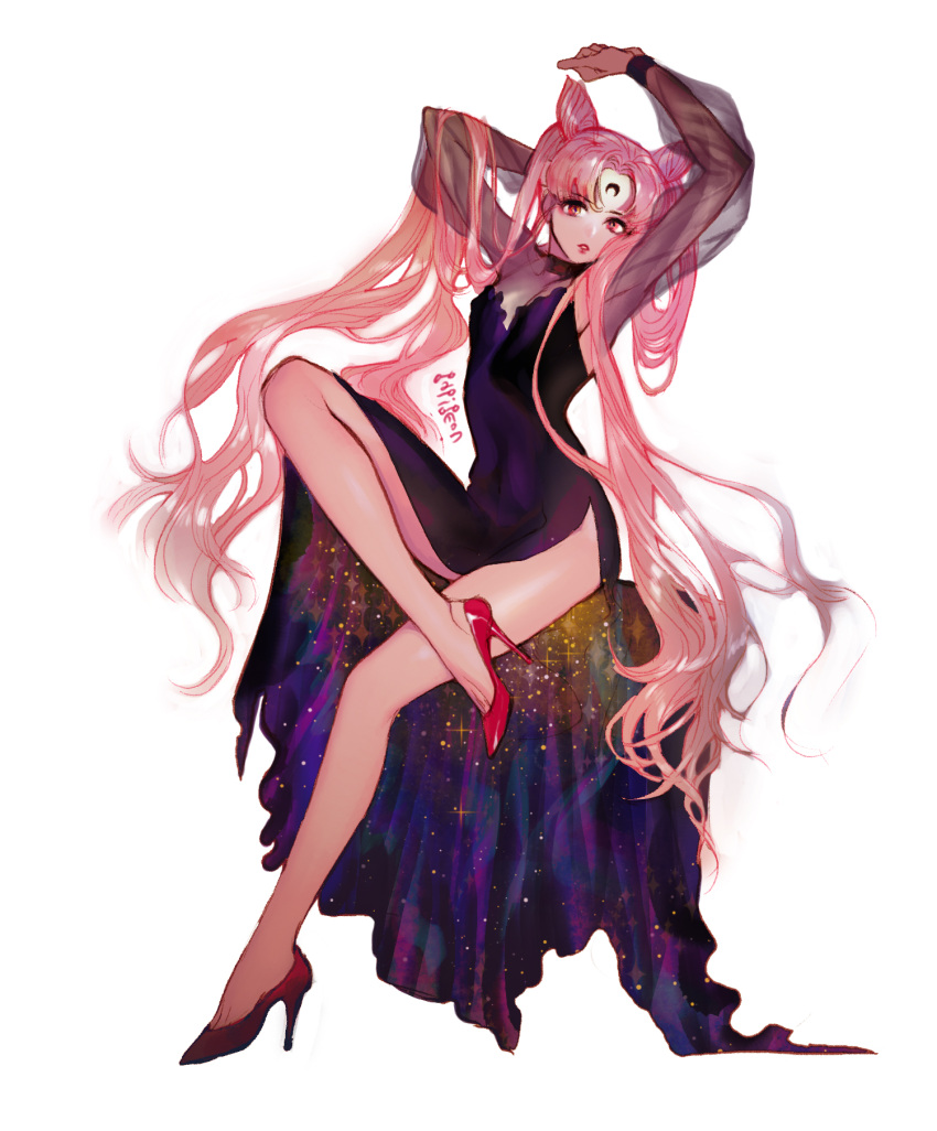 1girl adult bangs bare_legs bishoujo_senshi_sailor_moon black_dress black_lady chibi_usa crescent double_bun dress earrings facial_mark forehead_mark full_body high_heels highres jewelry long_hair long_sleeves one_leg_raised parted_bangs parted_lips pigeon666 pink_hair puffy_long_sleeves puffy_sleeves red_eyes red_shoes see-through shoes side_slit solo twintails very_long_hair white_background