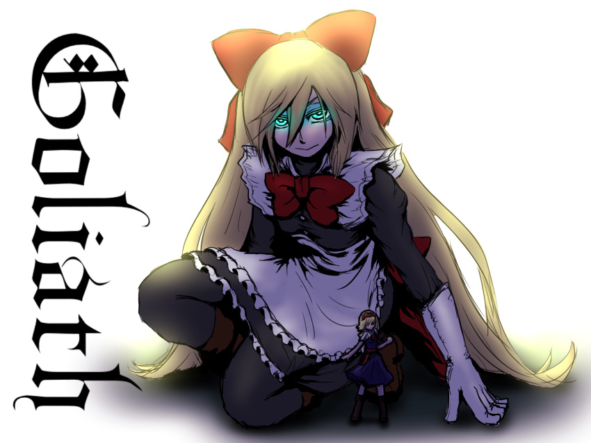 2girls alice_margatroid black_legwear boots dress gloves glowing glowing_eyes goliath_doll green_eyes hair_ribbon headband highres kneeling long_hair looking_at_viewer miata_(pixiv) multiple_girls red_ribbon ribbon short_hair touhou very_long_hair white_gloves