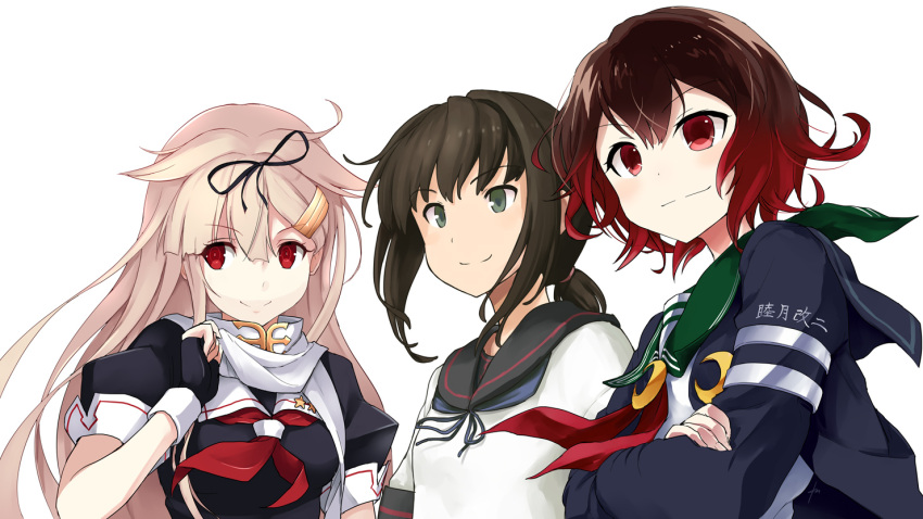 3girls black_hair blonde_hair brown_eyes crossed_arms ebizome fubuki_(kantai_collection) gloves green_eyes jacket kantai_collection long_hair multiple_girls mutsuki_(kantai_collection) ponytail red_eyes remodel_(kantai_collection) revision school_uniform serafuku short_hair smile uniform yuudachi_(kantai_collection)