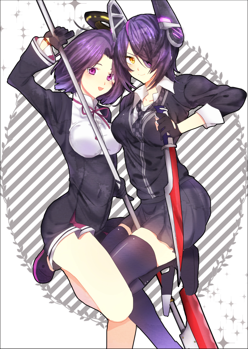 2girls absurdres black_gloves black_legwear breasts cowboy_shot eyepatch fingerless_gloves glaive gloves grey_background headgear highres kantai_collection looking_at_viewer mechanical_halo multiple_girls necktie open_mouth purple_hair school_uniform short_hair skirt smile standing_on_one_leg striped striped_background sword tatsuta_(kantai_collection) tenryuu_(kantai_collection) thigh-highs violet_eyes weapon white_background yellow_eyes yoshifuji_haru