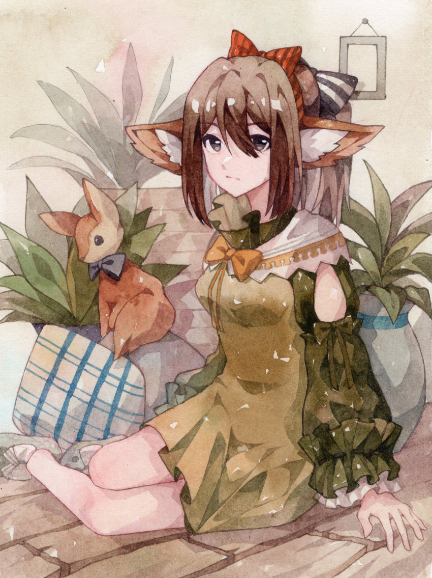 1girl animal animal_ears arknights black_bow black_eyes bow bowtie breasts brown_hair chinese_commentary commentary_request cotayomengmiao detached_sleeves dress fennec_fox fox_ears green_dress green_sleeves hair_between_eyes hair_bow highres medium_breasts official_alternate_costume orange_bow orange_neckwear painting_(medium) perfumer_(arknights) perfumer_(leisurely_afternoon)_(arknights) picture_frame red_bow sidelocks sitting slippers solo traditional_media watercolor_(medium) yokozuwari