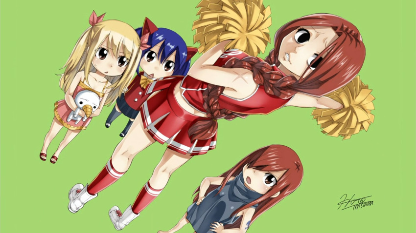 4girls :&lt; cheerleader child d: end_card erza_scarlet fairy_tail flare_corona lucy_heartfilia mashima_hiro multiple_girls official_art open_mouth plue pom_poms scar skirt wendy_marvell younger