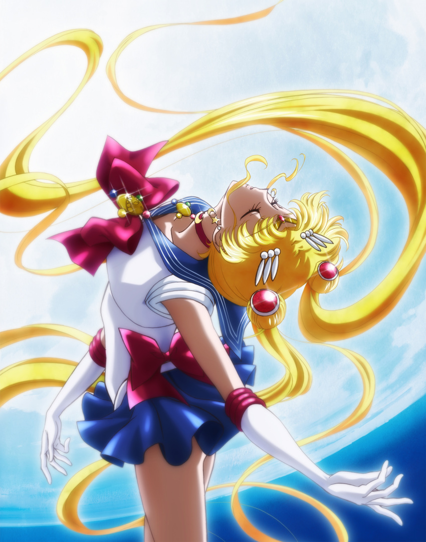 1girl absurdres artist_name bishoujo_senshi_sailor_moon bishoujo_senshi_sailor_moon_crystal blonde_hair blue_skirt bow brooch choker circlet closed_eyes cowboy_shot double_bun earrings elbow_gloves floating_hair gloves hair_ornament hairclip highres jewelry long_hair magical_girl moon moonlight night official_art outstretched_arm parted_lips pose red_bow sailor_moon skirt solo sparkle tsukino_usagi twintails very_long_hair white_gloves