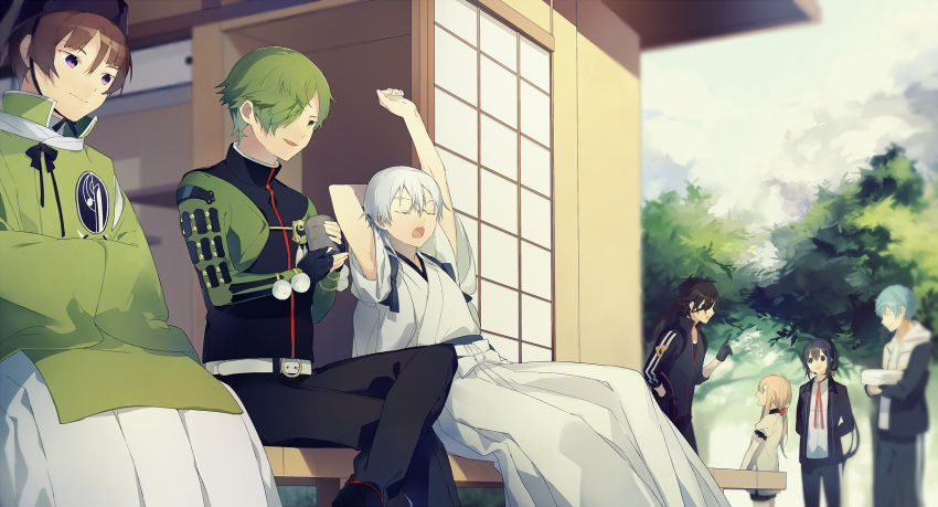 6+boys black_gloves black_hair blonde_hair blue_eyes blue_hair brown_eyes brown_hair chin_strap closed_eyes eyepatch gloves green_eyes green_hair hair_over_one_eye heiwa_(murasiho) highres ichigo_hitofuri index_finger_raised ishikirimaru japanese_clothes male_focus midare_toushirou multiple_boys namazuo_toushirou open_mouth shokudaikiri_mitsutada sitting smile stretch touken_ranbu tsurumaru_kuninaga uguisumaru veranda white_hair