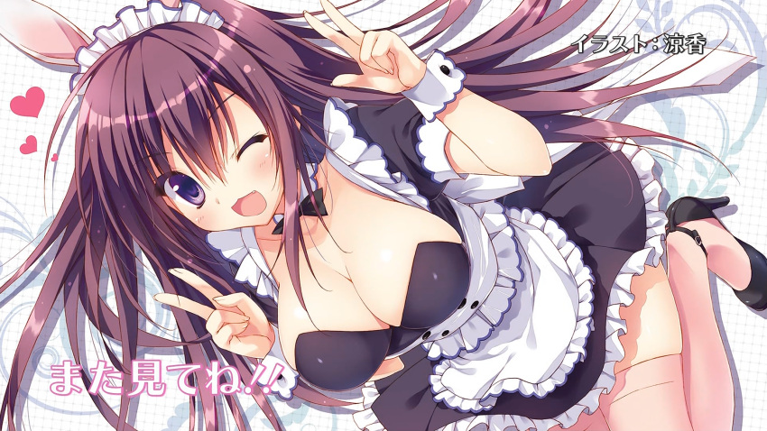 1girl absolute_duo animal_ears blush bowtie breasts cleavage detached_collar double_v end_card high_heels highres large_breasts long_hair maid maid_headdress open_mouth pink_legwear purple_hair rabbit_ears ryouka_(suzuya) smile solo thigh-highs tsukimi_rito v violet_eyes wrist_cuffs