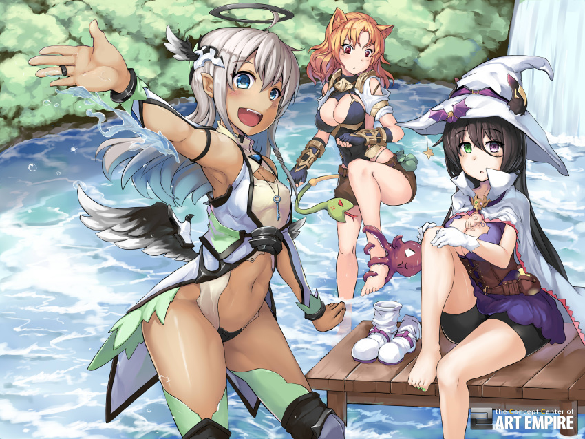 3girls absurdres angel_wings anger_vein animal_ears bare_legs barefoot between_breasts bike_shorts black_hair blue_eyes bodysuit boots_removed breasts brown_eyes brown_hair cape cat_ears cat_tail chameleon cleavage fingerless_gloves gauntlets gloves halo hat heterochromia highres lake long_hair looking_at_viewer lu_hao_liang midriff multiple_girls navel navel_cutout octopus original pointy_ears revealing_clothes shorts silver_hair sitting snake soaking_feet tail thigh-highs very_long_hair water waterfall wings witch_hat