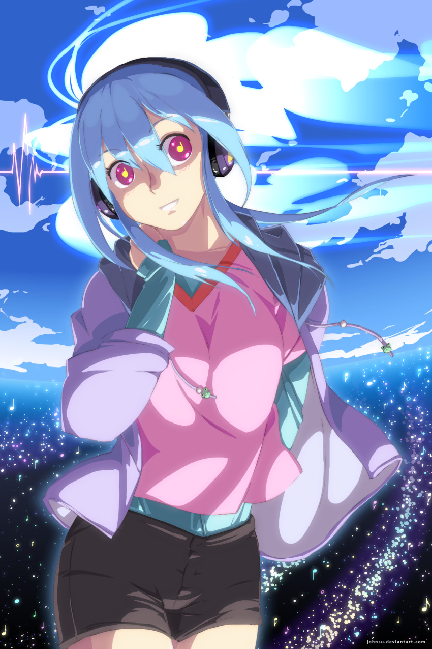 1girl blue_hair headphones highres john_su long_hair musical_note original smile solo symbol-shaped_pupils violet_eyes