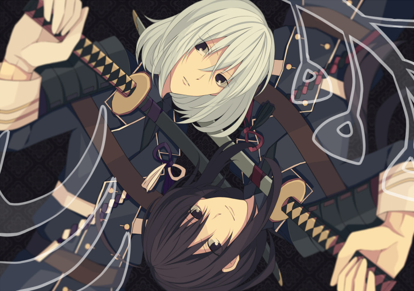 2boys ahoge ama_azuma black_eyes black_hair honebami_toushirou male_focus military military_uniform multiple_boys namazuo_toushirou necktie rotational_symmetry smile sword touken_ranbu uniform wakizashi weapon white_hair