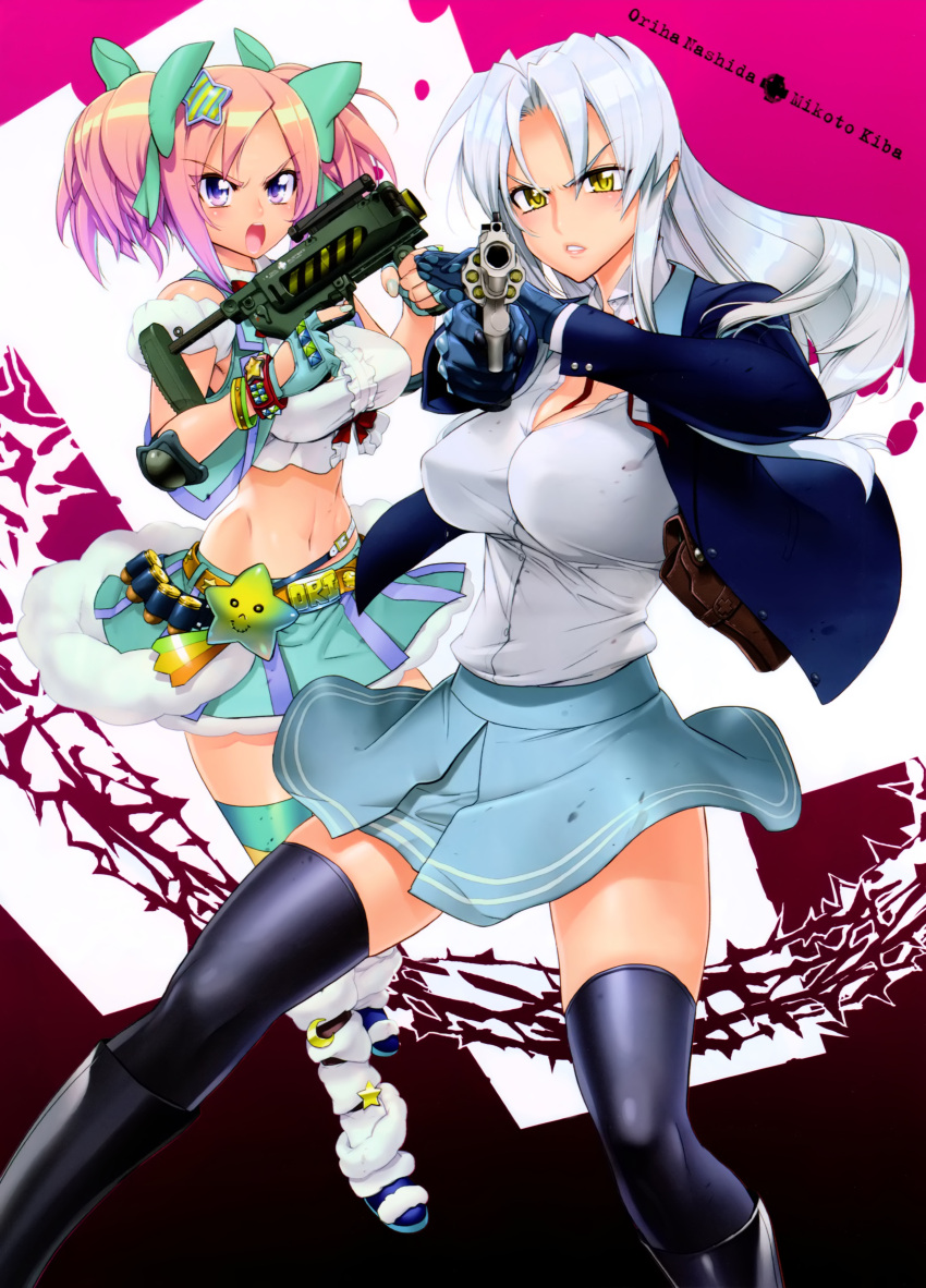 2girls absurdres ammunition_belt black_legwear breasts cleavage fingerless_gloves gloves grenade_launcher gun hair_ornament highres holster kiba_mikoto long_hair looking_at_viewer midriff miniskirt multiple_girls nashida_oriha navel pink_hair revolver satou_shouji school_uniform shin_guards silver_hair skirt thigh-highs triage_x twintails vest violet_eyes weapon yellow_eyes