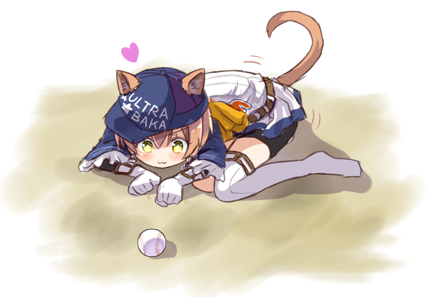 1girl :3 animal_ears baseball baseball_cap brown_hair cat_ears cat_tail gloves hat heart highres hoshizora_rin kemonomimi_mode love_live!_school_idol_project no_shoes on_ground paw_pose shikei_(jigglypuff) solo sparkling_eyes tail thigh-highs white_legwear yellow_eyes