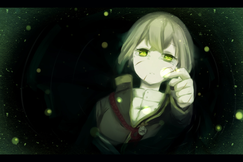 1boy aiguillette arm_up fireflies from_above green_eyes grey_hair hotarumaru in_water jacket letterboxed lying no_hat on_back open_clothes open_jacket ripples scar scar_on_cheek solo touching touken_ranbu upper_body vignetting zarathurtra