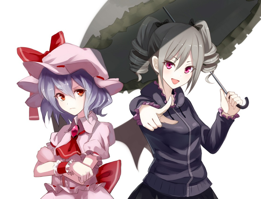 2girls bat_wings blue_hair crossover drill_hair fami_(yellow_skies) idolmaster idolmaster_cinderella_girls kanzaki_ranko long_hair multiple_girls open_mouth parasol red_eyes remilia_scarlet short_hair silver_hair touhou twin_drills twintails umbrella wings