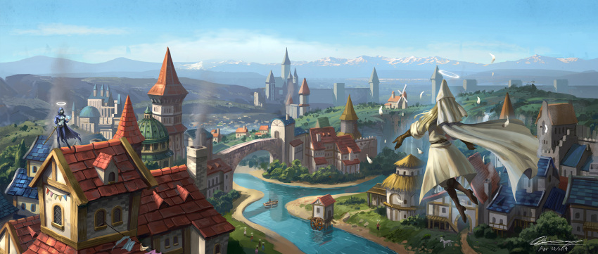 2girls artist_name boat bridge building castle cityscape dated exca grass half-timbered halo hat highres hood multiple_girls original outdoors river signature sky sword water weapon windmill