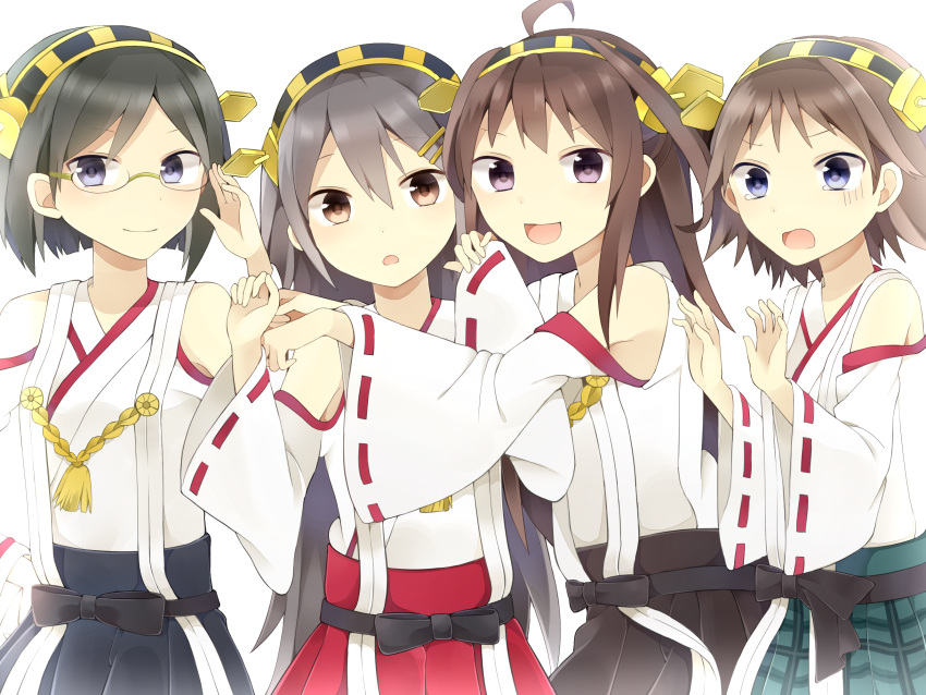 4girls ahoge brown_hair brown_skirt detached_sleeves double_bun glasses grey_hair hair_ornament hairband hairclip haruna_(kantai_collection) headgear hiei_(kantai_collection) highres kantai_collection kirishima_(kantai_collection) kongou_(kantai_collection) long_hair looking_at_viewer multiple_girls nontraditional_miko plaid plaid_skirt pleated_skirt red_skirt ribbon-trimmed_sleeves ribbon_trim simple_background skirt violet_eyes white_background yuusa