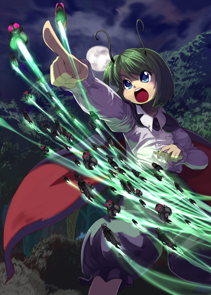 1girl absurdres antennae baggy_pants blue_eyes cape clouds fireflies forest full_moon glowing green_hair highres jacket juliet_sleeves long_sleeves moon nature night open_clothes open_jacket pants pointing pointing_forward puffy_sleeves shirt shope sky solo touhou wriggle_nightbug