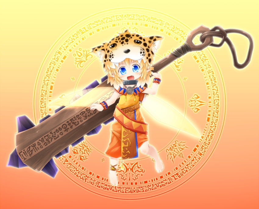 aztec blonde_hair blue_eyes chibi collar fairy fang fangs fantasy glowing glowing_eyes jaguar_warrior kso looking_at_viewer macuahuitl mexican mexico tribal weapon