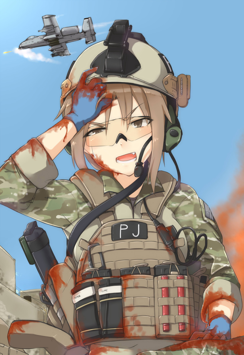 1girl a-10 airplane america american_flag assault_rifle ayyh blood brown_eyes brown_hair building camouflage commentary_request fang fire firing from_below glasses gloves gun hand_on_own_head headset helmet highres load_bearing_vest looking_down magazine_(weapon) military military_uniform open_mouth original out_of_frame rifle sky sling smoke soldier solo_focus sweat tourniquet uniform war weapon