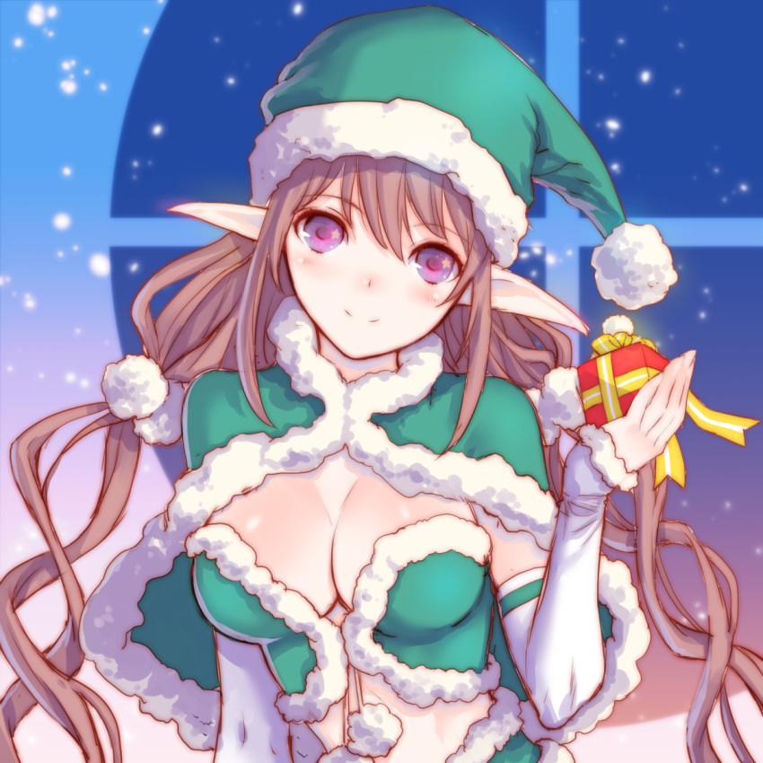 1girl box breasts brown_hair capelet christmas cleavage detached_sleeves gift gift_box hat head_tilt highres long_hair looking_at_viewer low_twintails midriff p-kana pointy_ears rinna_mayfield santa_hat scrunchie shining_(series) shining_resonance smile solo star twintails upper_body violet_eyes