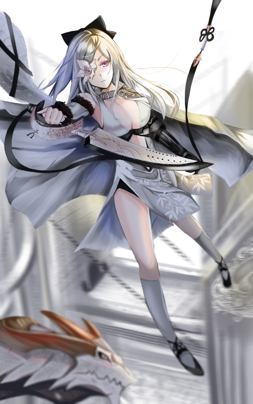 1girl black_ribbon breasts cleavage collar covered_eyes drag-on_dragoon drag-on_dragoon_3 dragon hair_ribbon highres holding holding_sword holding_weapon kneehighs long_hair looking_at_viewer noboru_(pixiv8503150) ribbon silver_hair solo sword violet_eyes weapon white_legwear zero_(drag-on_dragoon)