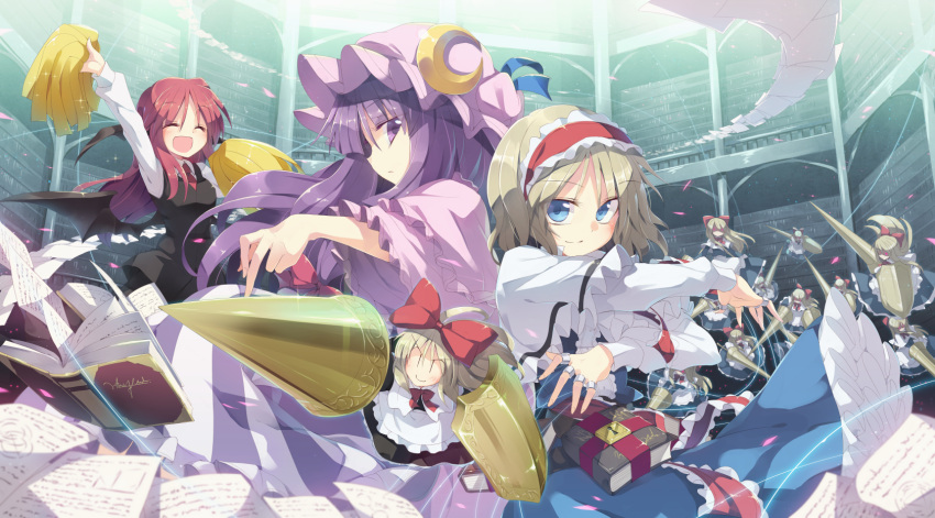 3girls :d alice_margatroid apron arm_up black_dress blonde_hair blue_dress blue_eyes book bookshelf capelet cheering cheerleader closed_eyes commentary_request crescent demon_girl demon_wings dress grimoire hair_bun head_wings highres hourai_doll koakuma lance library looking_at_viewer mob_cap multiple_girls open_mouth patchouli_knowledge polearm pom_poms puppet_rings puppet_strings purple_hair redhead satou_kibi shanghai_doll shield shirt skirt skirt_set smile touhou vest violet_eyes weapon wings |_|