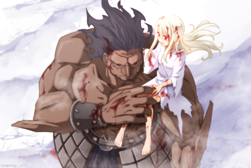 1boy 1girl barefoot berserker blood bloody_clothes bloody_dress dress fate/stay_night fate_(series) long_hair null2deoru snow torn_clothes torn_dress
