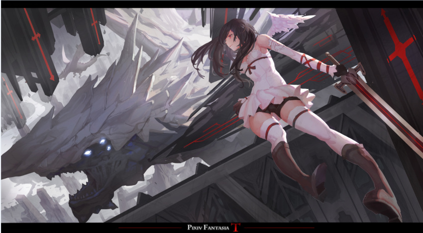1girl angel_wings black_hair highres long_hair monster pixiv_fantasia pixiv_fantasia_t red_eyes solo thigh-highs weapon wings zeixique
