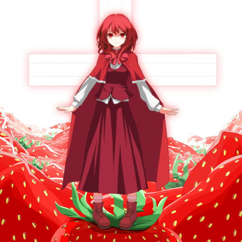 ankle_boots boots cape cross food fruit full_body highres kugi_(kugi-xiv) long_sleeves looking_at_viewer okazaki_yumemi open_hands oversized_object payot pigeon-toed red_eyes redhead ribbon short_hair skirt skirt_set smile standing strawberry touhou touhou_(pc-98) waistcoat