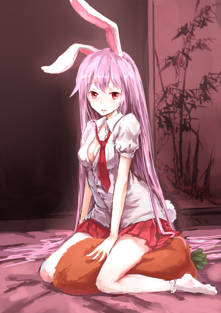1girl absurdres animal_ears ankle_socks breasts bunny_tail cleavage faux_traditional_media folding_screen hankon highres indoors lavender_hair long_hair looking_at_viewer loose_necktie necktie no_shoes open_clothes open_mouth open_shirt pillow pleated_skirt rabbit_ears red_eyes reisen_udongein_inaba shirt short_sleeves sitting_on_pillow skirt solo tail touhou very_long_hair