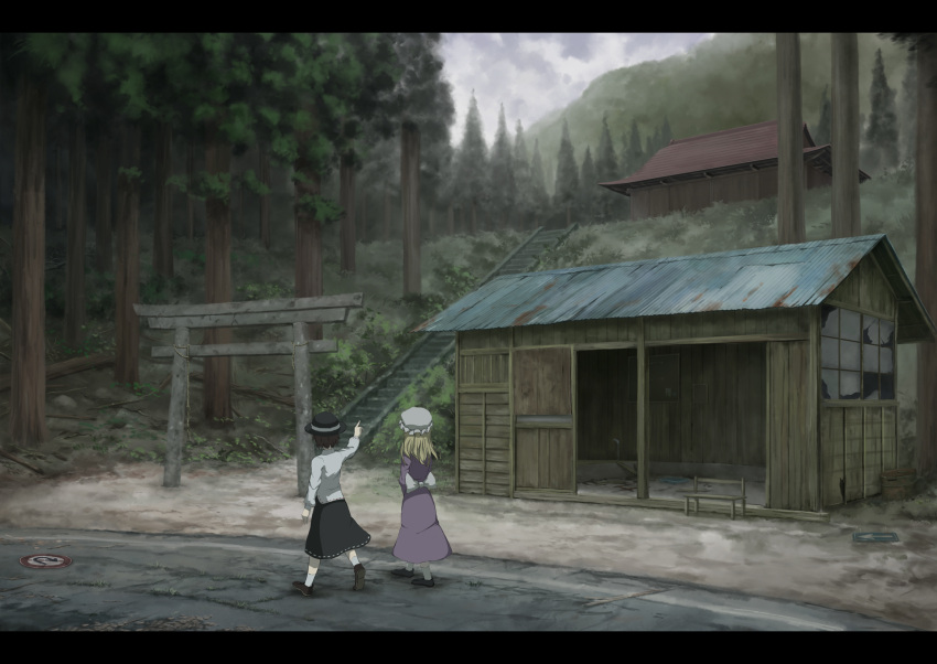 2girls architecture bench blonde_hair blouse broken_window brown_hair clouds cloudy_sky dress east_asian_architecture forest from_behind hat highres kneehighs letterboxed long_hair long_sleeves maribel_hearn mountain multiple_girls nature pointing pointing_up purple_dress road ruins rust sasaj short_hair skirt sky stairway torii touhou usami_renko walking white_legwear