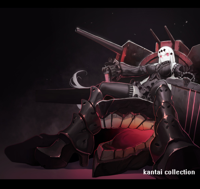 1girl aircraft_carrier_water_oni armored_boots bare_shoulders black_dress black_gloves boots breasts detached_sleeves dress frilled_sleeves frills gloves hair_ornament highres kantai_collection knee_boots large_breasts long_hair looking_at_viewer qianbi ribbed_dress ribbed_sweater shinkaisei-kan short_dress sitting solo sweater thigh-highs very_long_hair white_hair white_skin zettai_ryouiki
