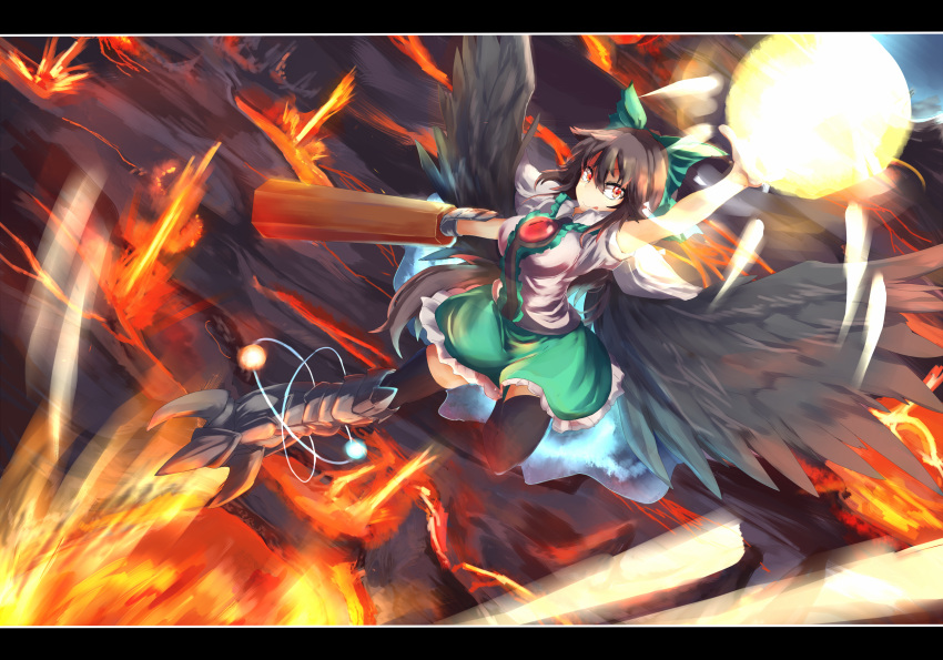 1girl :q arm_cannon arm_up bird_wings black_hair black_legwear blouse cape dutch_angle fire flying folded_leg greaves hair_ribbon highres kirimomi811 letterboxed long_hair looking_at_viewer molten_rock red_eyes reiuji_utsuho ribbon short_sleeves skirt solo sun thigh-highs third_eye tongue tongue_out touhou weapon wings