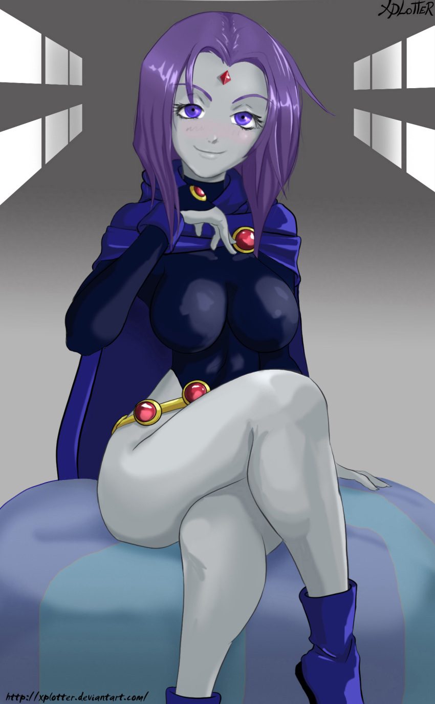 1girl ankle_boots belt blush boots breasts brooch cape crossed_legs dc_comics forehead_jewel grey_skin highres jewelry leotard purple_hair raven_(dc) short_hair sitting smile solo teen_titans violet_eyes xplotter