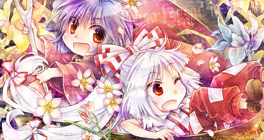 2girls artist_name cherry_blossoms copyright_name dated fujiwara_no_mokou hair_ribbon in_bowl in_container itozaki_(itzk0110) japanese_clothes kimono lavender_hair looking_at_viewer minigirl multiple_girls needle ofuda one_eye_closed open_mouth orchid pants ponytail red_eyes ribbon short_hair short_sleeves sukuna_shinmyoumaru suspenders torn_clothes torn_sleeves touhou urban_legend_in_limbo watermark white_hair