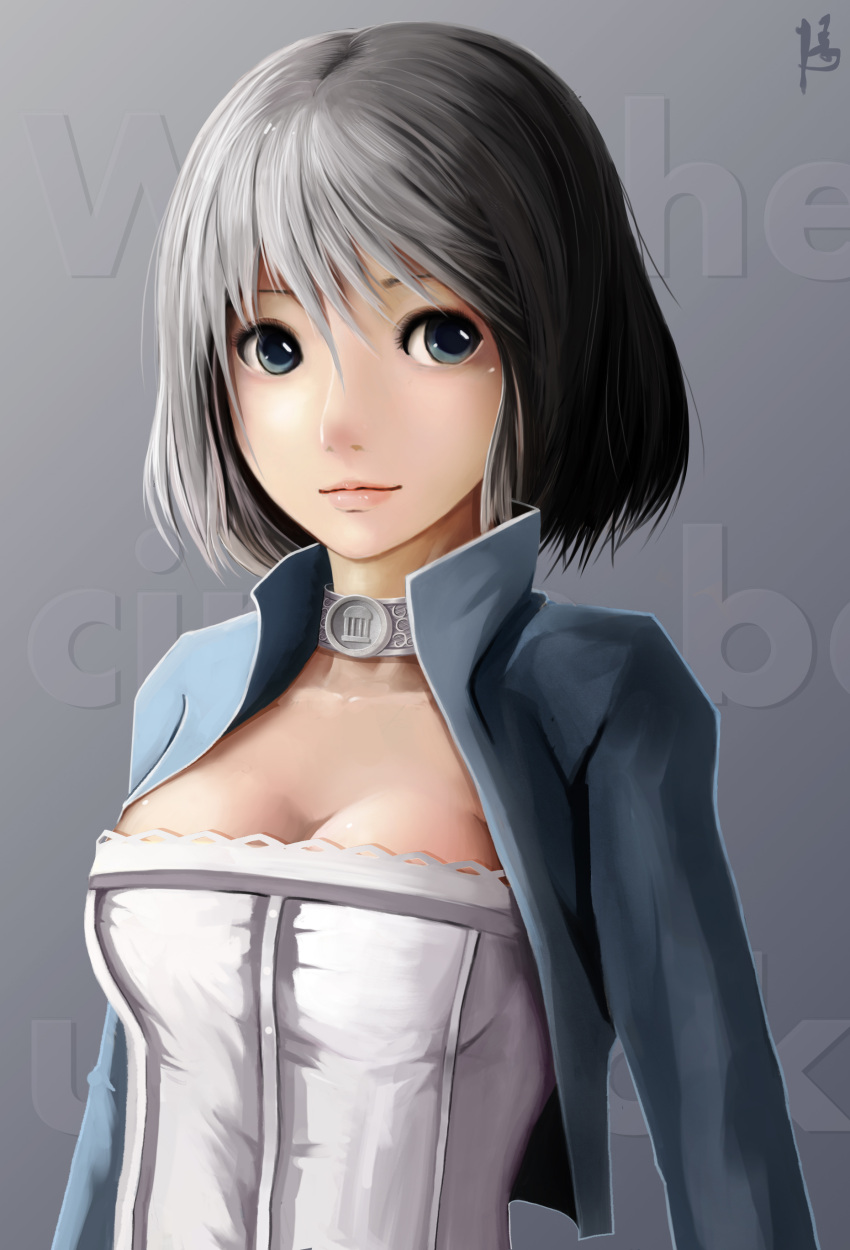 1girl absurdres bioshock bioshock_infinite blue_eyes breasts choker cleavage diandianzai dress elizabeth_(bioshock_infinite) expressionless grey_background grey_hair highres jacket lips looking_at_viewer open_clothes open_jacket short_hair signature simple_background solo strapless_dress