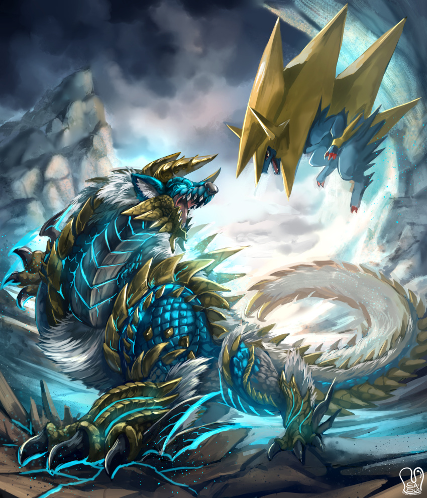 absurdres claws clouds cloudy_sky crack crossover fangs fur glowing glowing_eyes highres horns manectric mega_manectric mega_pokemon monster_hunter monster_hunter_portable_3rd mountain no_humans pokemon pokemon_(creature) pokemon_(game) pokemon_xy red_eyes sa-dui sky spikes tail zinogre