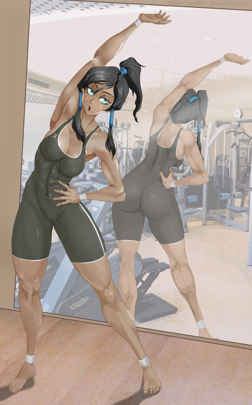 1girl abs absurdres ankleband arm_up ass avatar:_the_last_airbender barefoot black_hair blue_eyes breasts cleavage contemporary dark_skin full_body gym hair_tubes hand_on_hip high_ponytail highres korra legend_of_korra long_hair mirror mirror_image muscle payot skin_tight solo stretch sweat toes unitard wristband xplotter