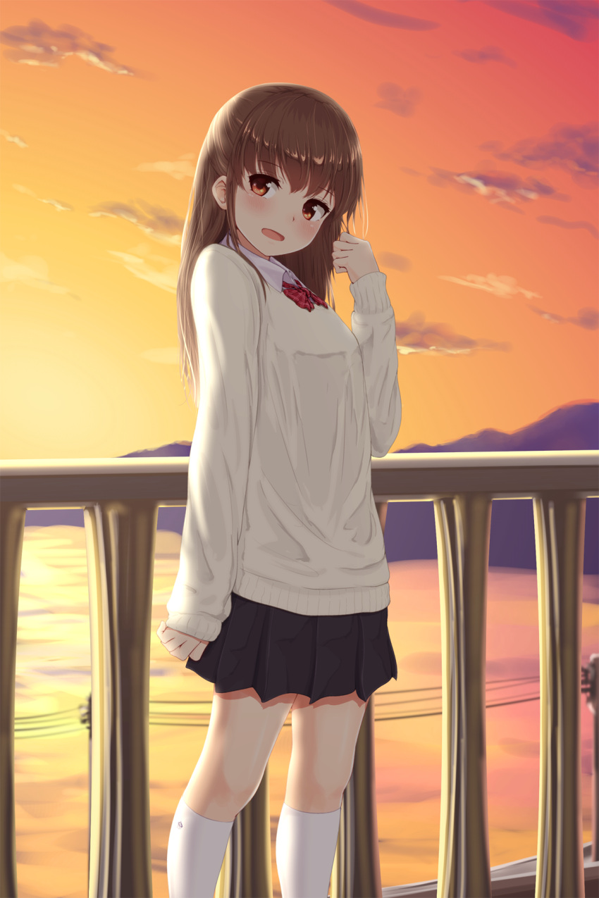 1girl blush bow brown_hair highres kneehighs long_hair long_sleeves looking_at_viewer minagiku original red_eyes skirt smile solo sunset white_legwear