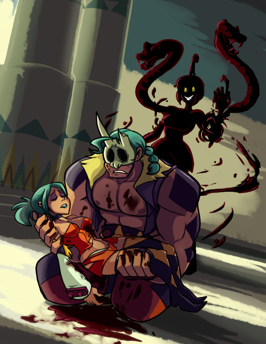 1boy 2girls aqua_hair argyle blood boots breasts carrying cerebella_(skullgirls) choker cleavage death detached_sleeves dress eliza_(skullgirls) evil_grin evil_smile eyeshadow grin highres makeup multiple_girls muscle personification pointy_shoes princess_carry shoes short_dress short_ponytail skullgirls smile snake spoilers tentacles thigh-highs thigh_boots torn_clothes vice-versa_(skullgirls) wiirdo yellow_eyes