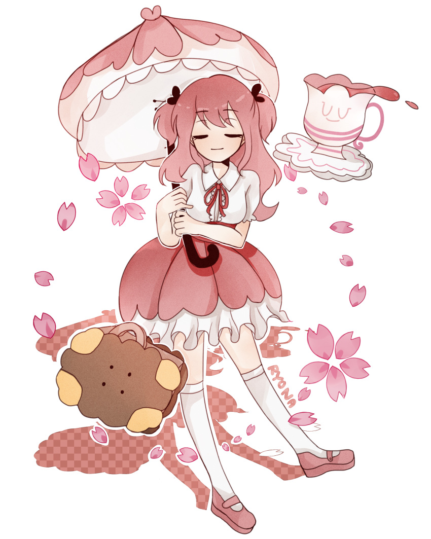 1girl absurdres artist_name bag cherry_blossom_cookie cherry_blossoms closed_eyes cookie_run cup hair_ornament handbag highres kneehighs long_hair mary_janes parasol petals pink_hair pink_skirt ryona_(alicecuti) shoes skirt smile solo tea teacup two_side_up umbrella white_legwear