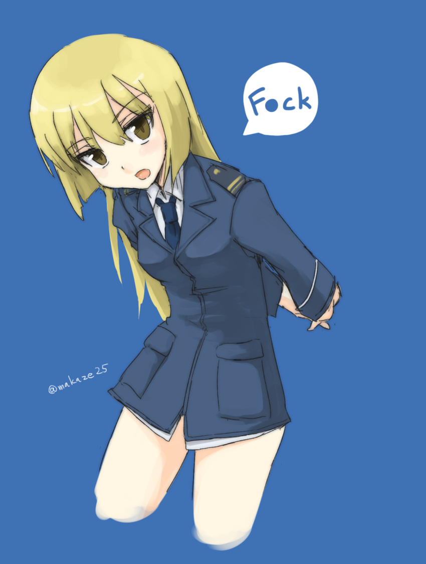 1girl arms_behind_back blonde_hair blue_background brown_eyes cropped_legs hands_together highres interlocked_fingers leaning_forward long_hair long_sleeves makaze_hoihoi_chaahan_joutai marian_e_carl military military_uniform profanity simple_background solo speech_bubble strike_witches twitter_username uniform