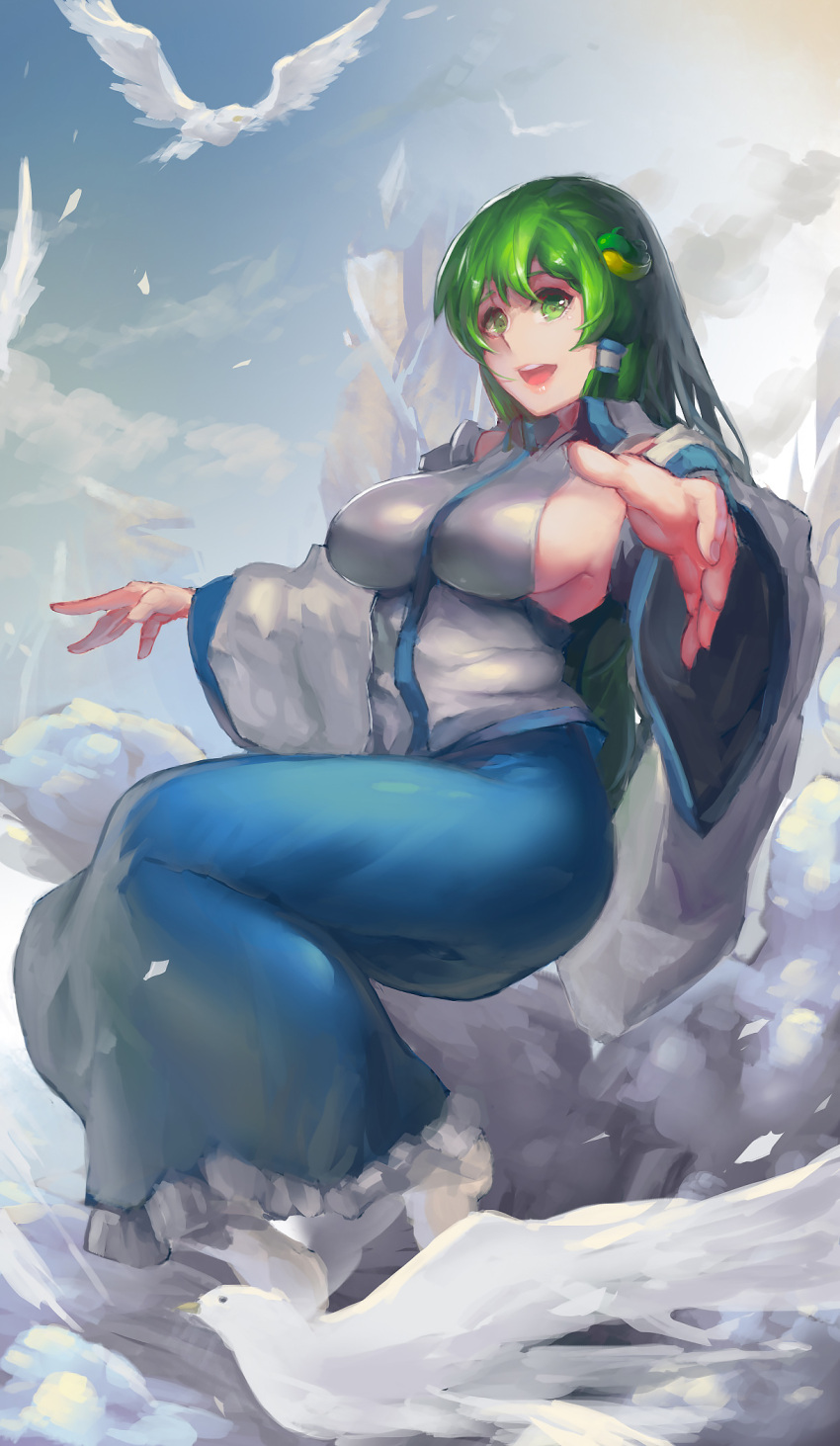 1girl armpits blue_skirt breasts detached_sleeves frog_hair_ornament gohei green_eyes green_hair hair_ornament highres impossible_clothes kochiya_sanae large_breasts long_hair looking_at_viewer open_mouth sideboob skirt skirt_set sky_of_morika snake_hair_ornament touhou wide_sleeves