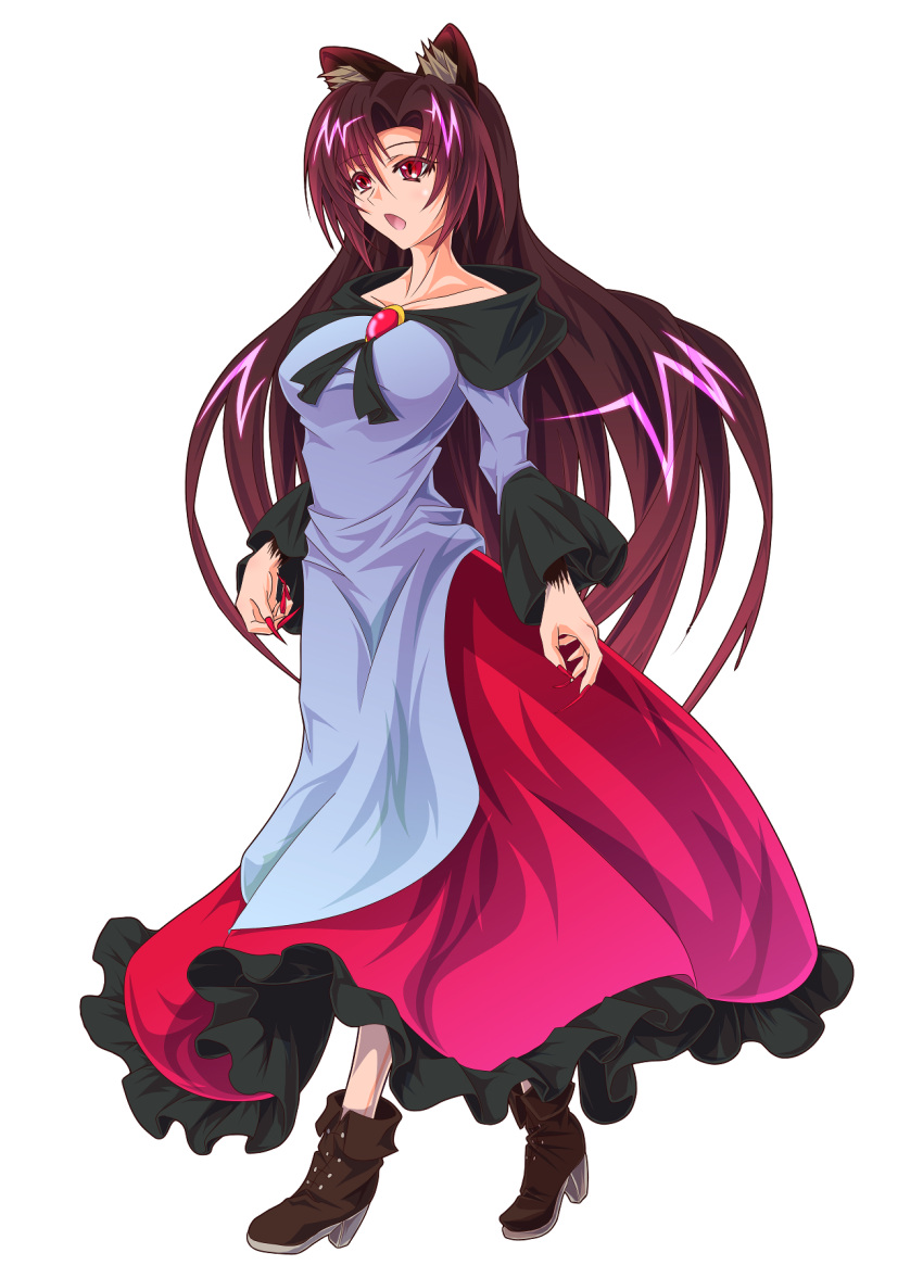 1girl animal_ears breasts brooch brown_hair collarbone dress fingernails fur highres imaizumi_kagerou jewelry large_breasts long_fingernails long_hair looking_away nail_polish open_mouth red_eyes shiny shiny_hair simple_background solo touhou white_background wolf_ears zephid