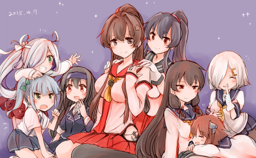 6+girls asashimo_(kantai_collection) bangs bare_shoulders black_hair black_legwear blazer blunt_bangs brown_hair collared_shirt dated detached_sleeves gloves grey_skirt hair_ornament hair_over_one_eye hairclip hamakaze_(kantai_collection) hatsushimo_(kantai_collection) headband high_ponytail isokaze_(kantai_collection) jewelry kantai_collection kasumi_(kantai_collection) long_hair long_sleeves multiple_girls neckerchief pleated_skirt ponytail red_skirt remodel_(kantai_collection) ring sailor_collar sailor_dress school_uniform serafuku shirt short_hair side_ponytail silver_hair skirt suna_kiririto suspenders wedding_band white_gloves yahagi_(kantai_collection) yamato_(kantai_collection) yukikaze_(kantai_collection)