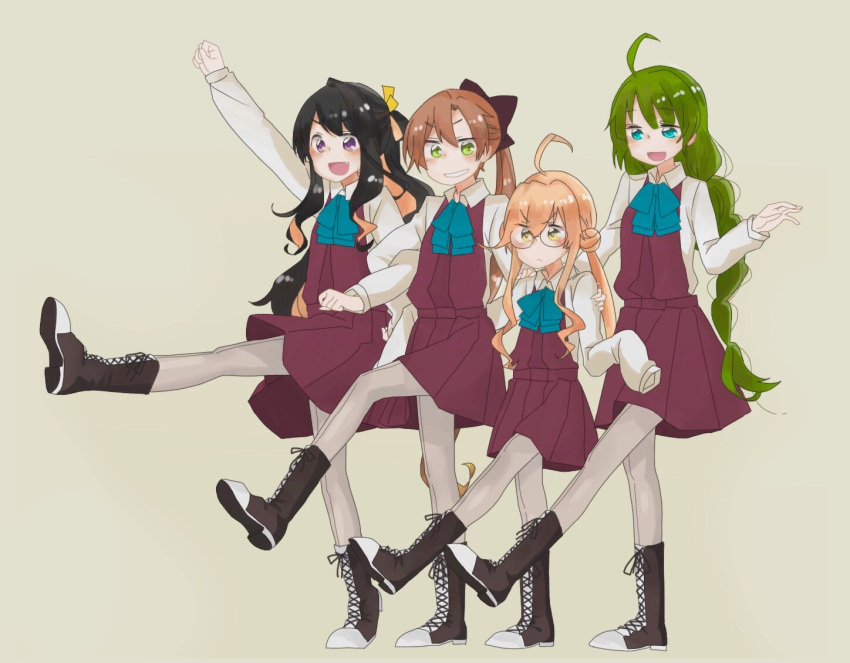 &gt;:&lt; 4girls :d ahoge akigumo_(kantai_collection) black_hair blue_eyes boots bow bowtie braid brown_boots brown_hair collared_shirt fang glasses green_eyes green_hair grey_legwear hair_bow hair_ribbon hand_on_another's_shoulder houston_yamamoto kantai_collection locked_arms long_sleeves makigumo_(kantai_collection) multicolored_hair multiple_girls naganami_(kantai_collection) one_leg_raised open_mouth pantyhose pink_hair pleated_skirt ponytail purple_skirt raised_fist ribbon school_uniform shirt simple_background single_braid skirt sleeves_past_wrists smile twintails two-tone_hair violet_eyes wavy_hair white_shirt yuugumo_(kantai_collection)